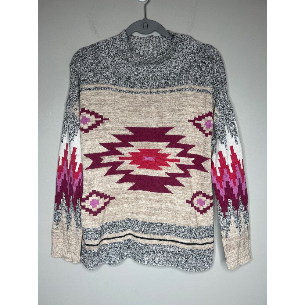 NIC+ZOE Southwestern Mock Neck Sweater Geometric Print Women's M Boho Cabin Core